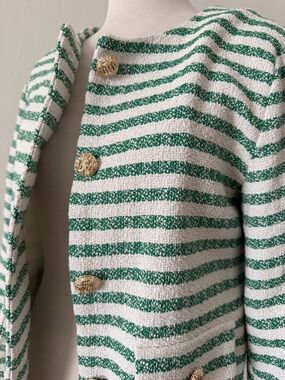 entro Green & White Striped Tweed Jacket with Gold Buttons